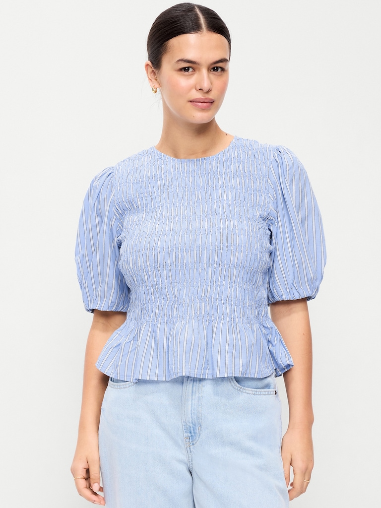 Puff Sleeve Peplum Smocked Top