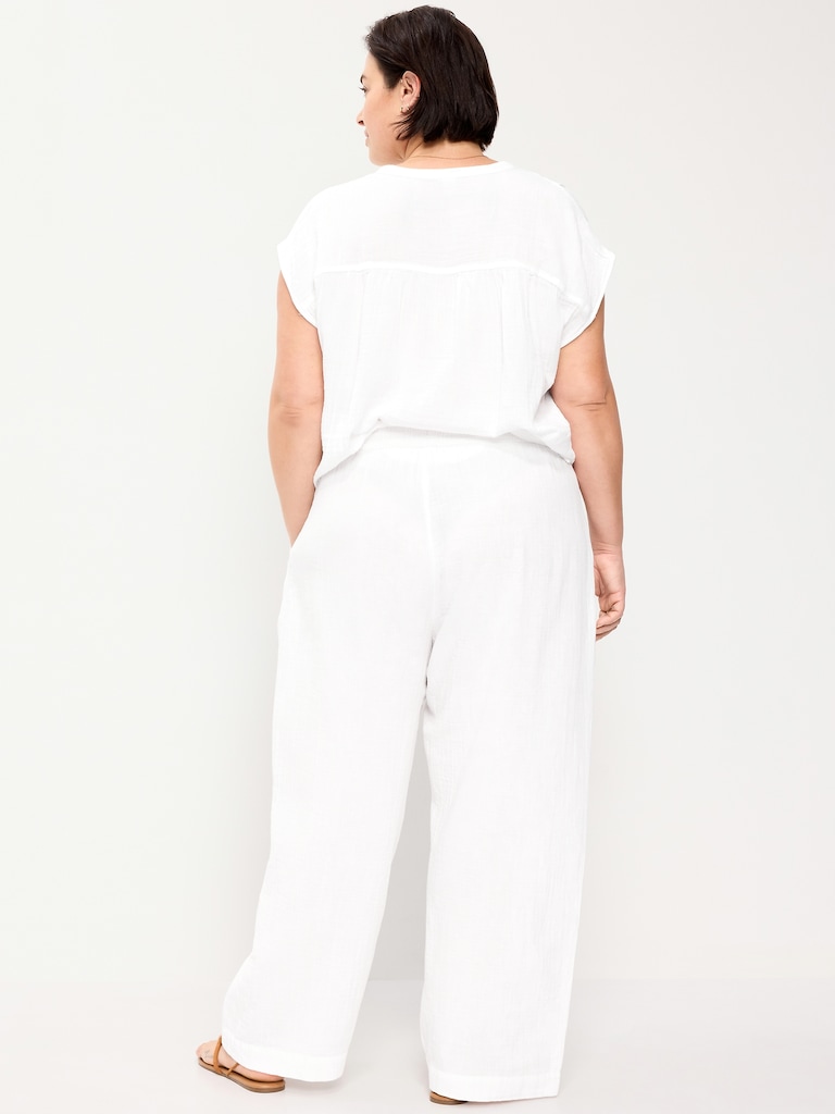 High-Waisted Crinkle Gauze Barrel Ankle Pants