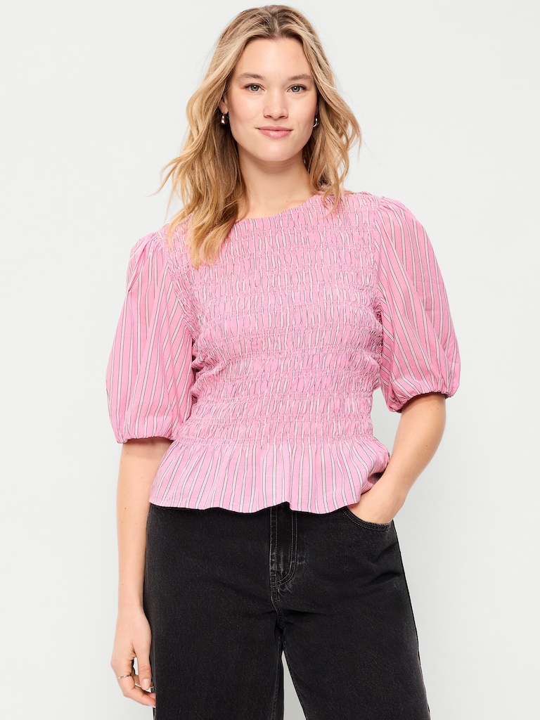 Smocked Puff Sleeve Peplum Top