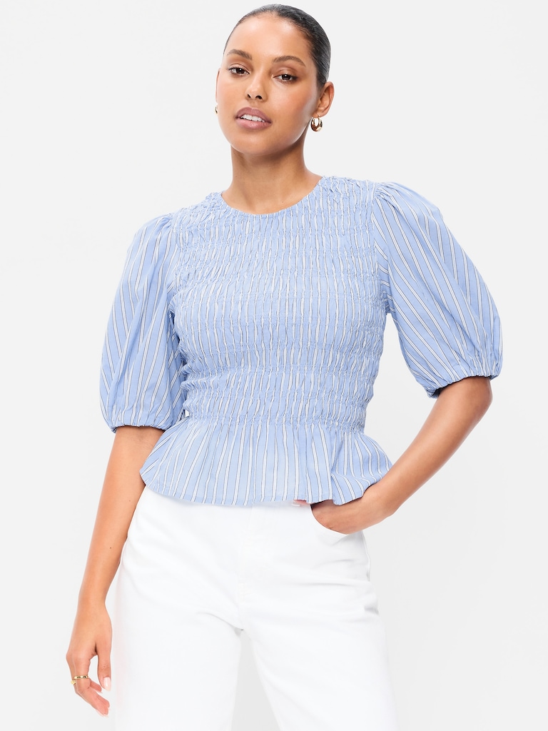 Puff Sleeve Peplum Smocked Top