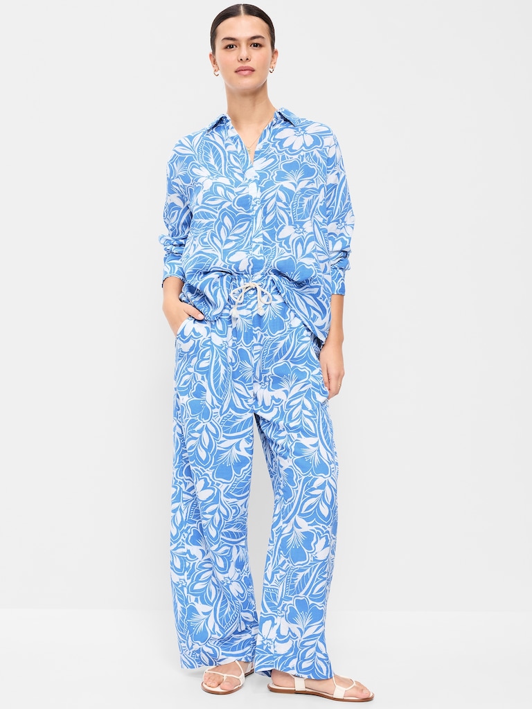 High-Waisted Crinkle Gauze Barrel Ankle Pants