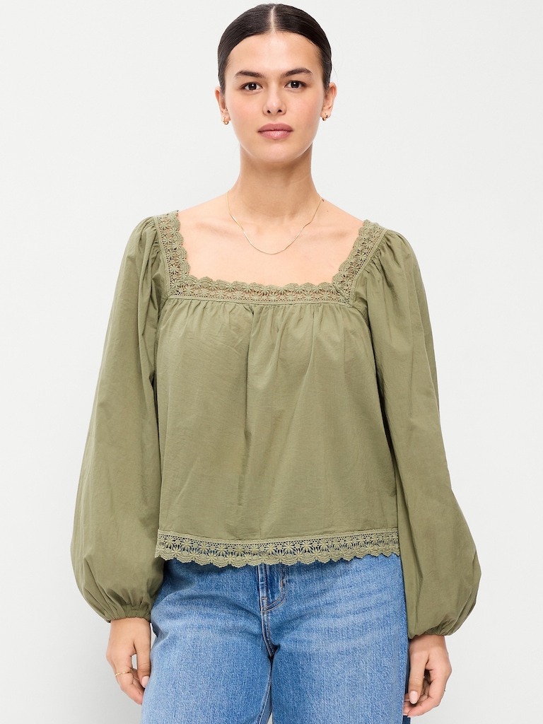 Long-Sleeve Lace Trim Top