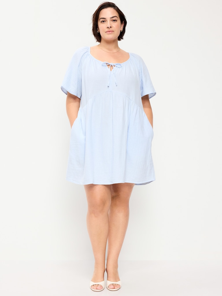Crinkle Gauze Flutter-Sleeve Mini Swing Dress