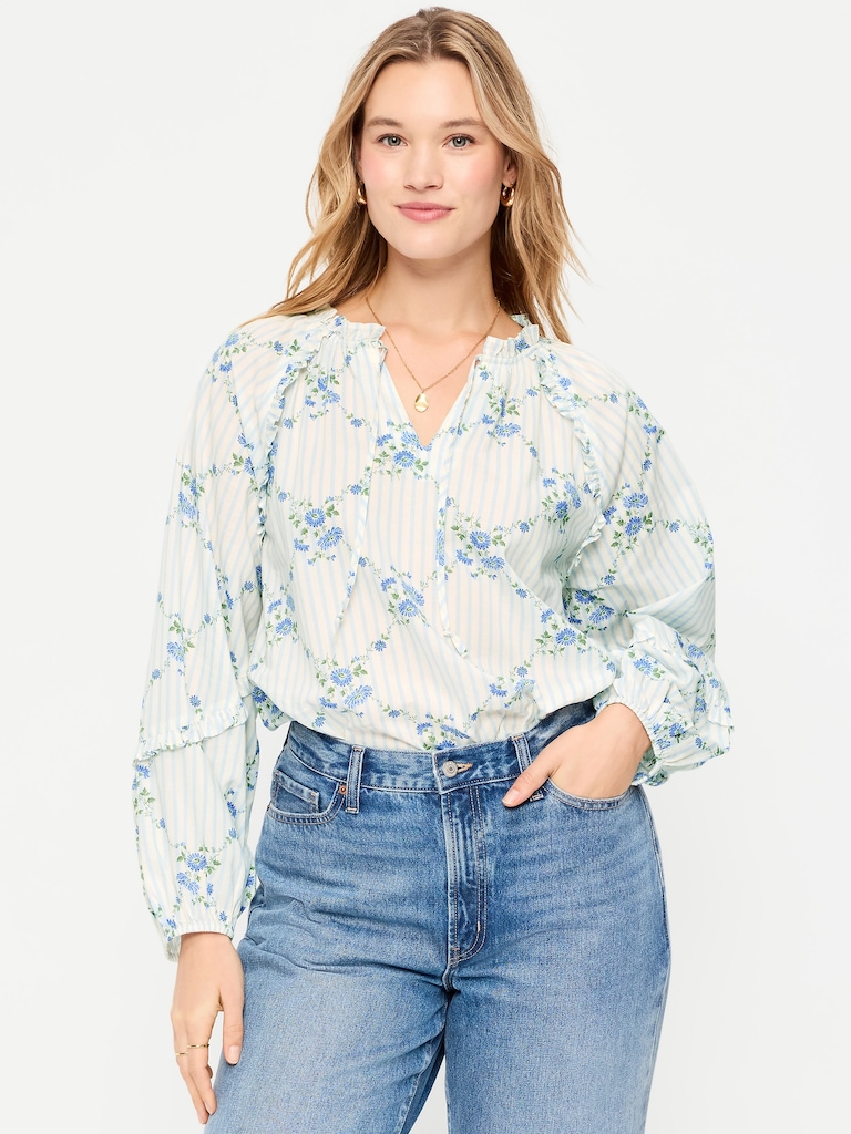 Long-Sleeve Ruffle Trim Top