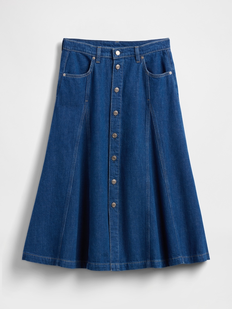 Seamed Denim Button-Front Maxi Skirt