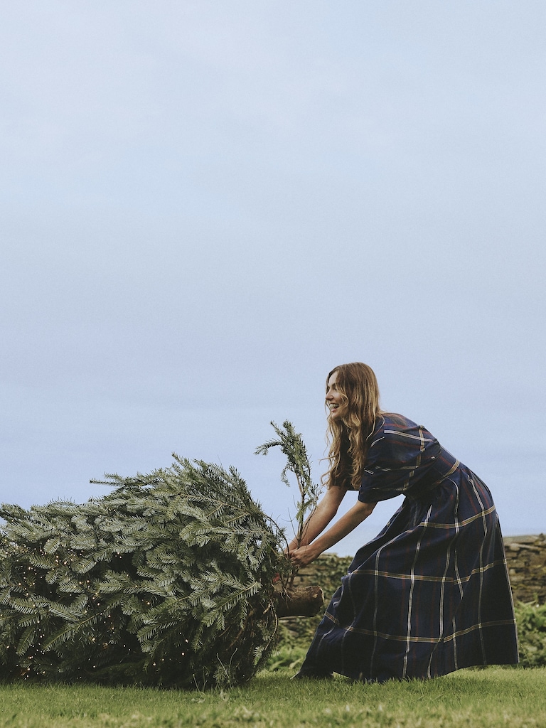 Plaid Pleated Cotton Maxi Dress