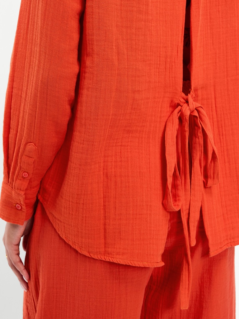 Open-Back Crinkle Gauze Button-Down Shirt