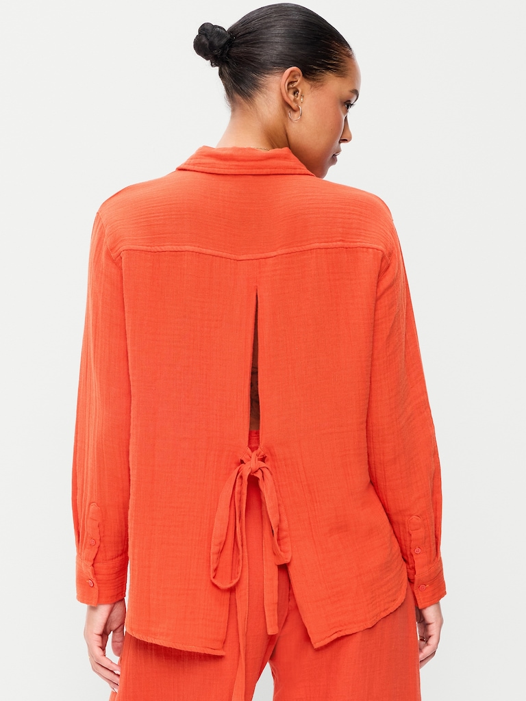 Open-Back Crinkle Gauze Button-Down Shirt