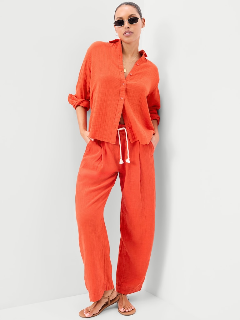 Open-Back Crinkle Gauze Button-Down Shirt