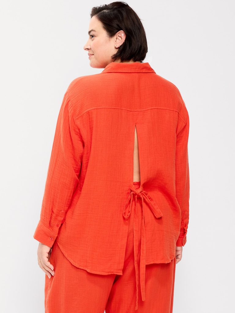 Open-Back Crinkle Gauze Button-Down Shirt