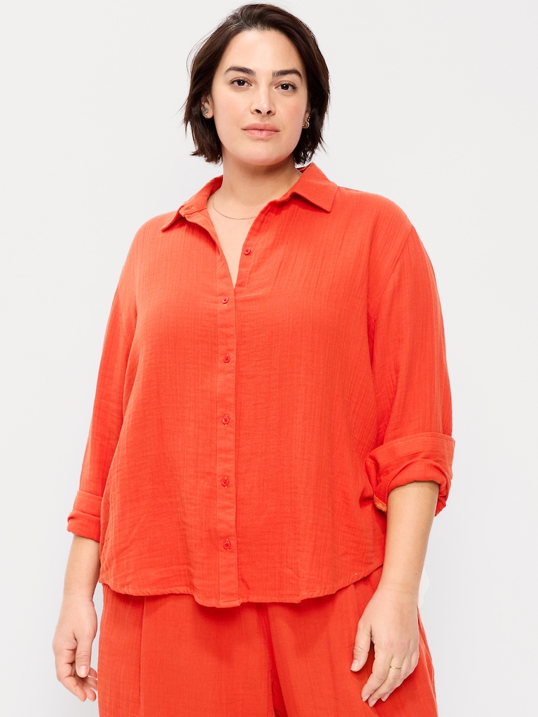 Open-Back Crinkle Gauze Button-Down Shirt