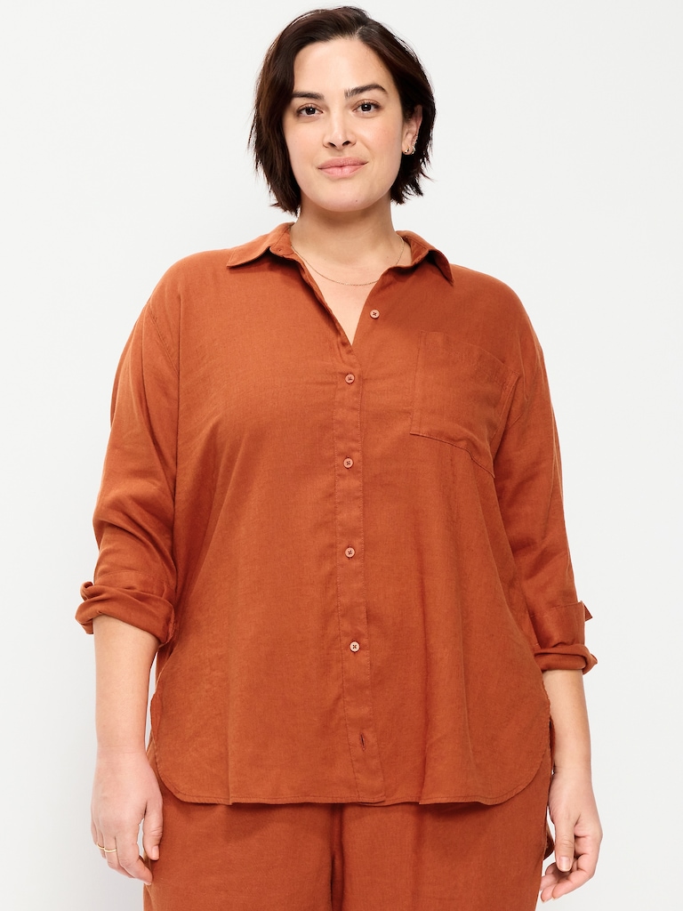 Linen-Blend Loose Button-Down Shirt