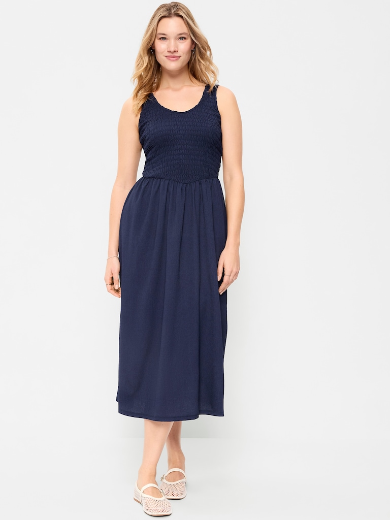 Fit & Flare Sleeveless Smocked-Bodice Midi Dress