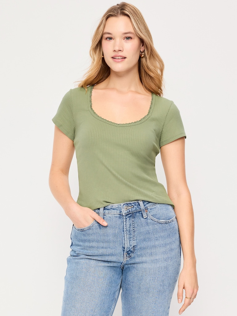 Lace-Trim Sweetheart-Neck Ribbed Top
