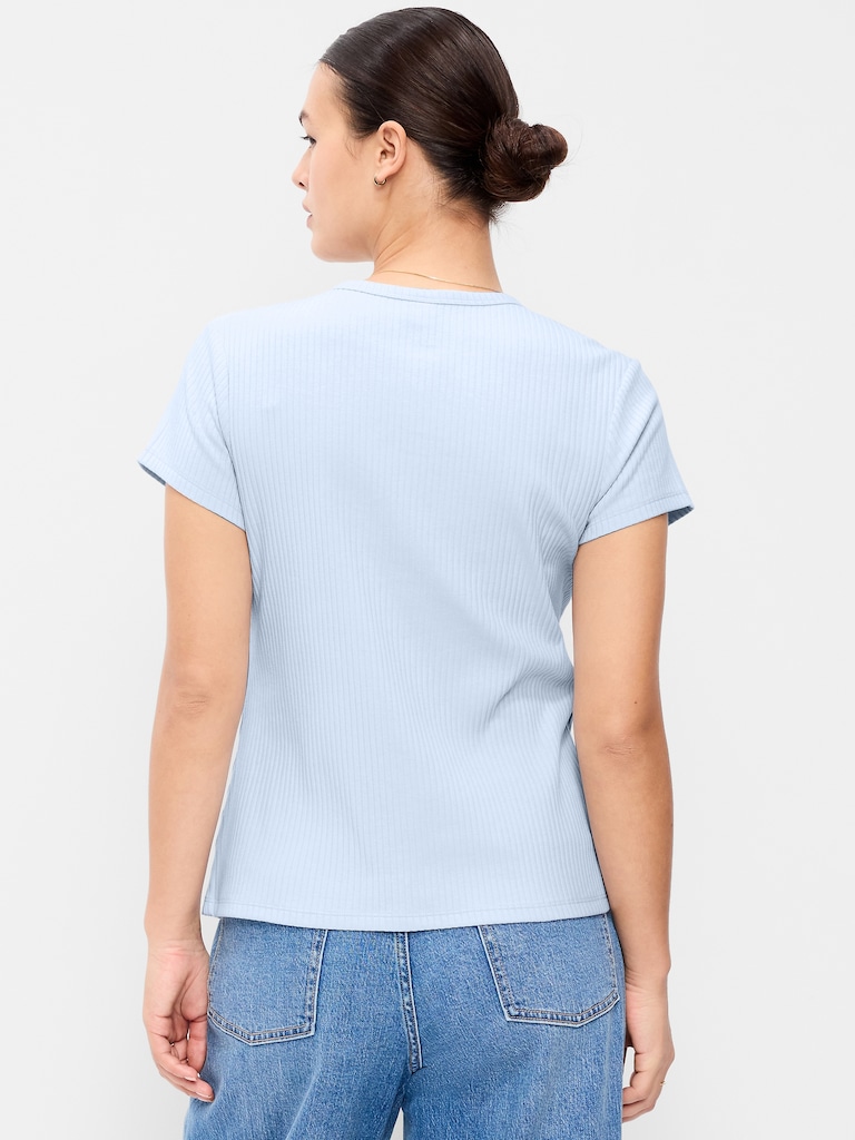 Short-Sleeve Ribbed Button-Down Top