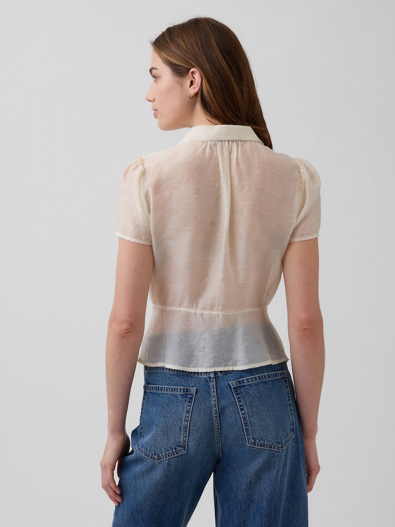 Sheer Button-Front Peplum Top