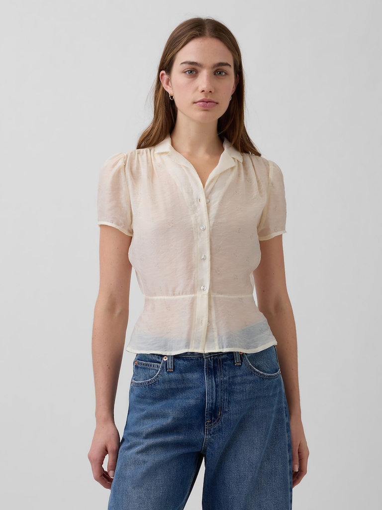 Sheer Button-Front Peplum Top