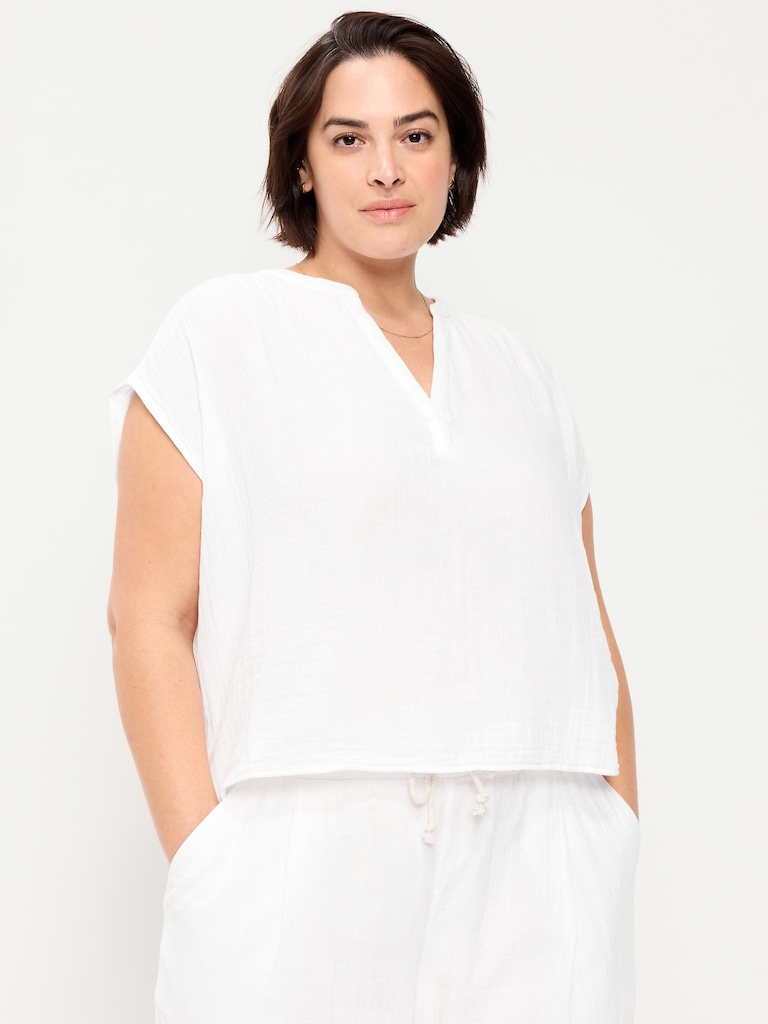 Short-Sleeve Crinkle Gauze Popover Top