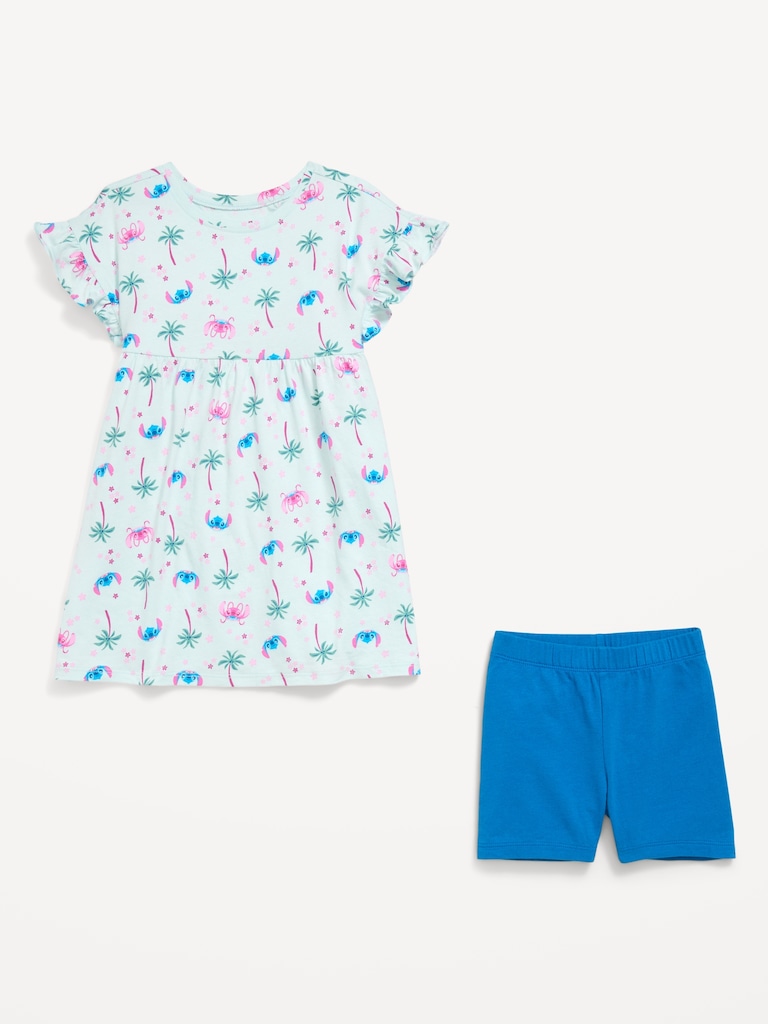 Disney© Ruffled Short-Sleeve Dress and Biker Shorts Set for Toddler Girls