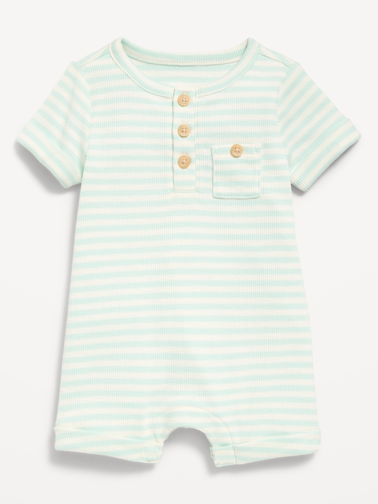 Printed Ribbed Henley Pocket One-Piece Romper for Baby