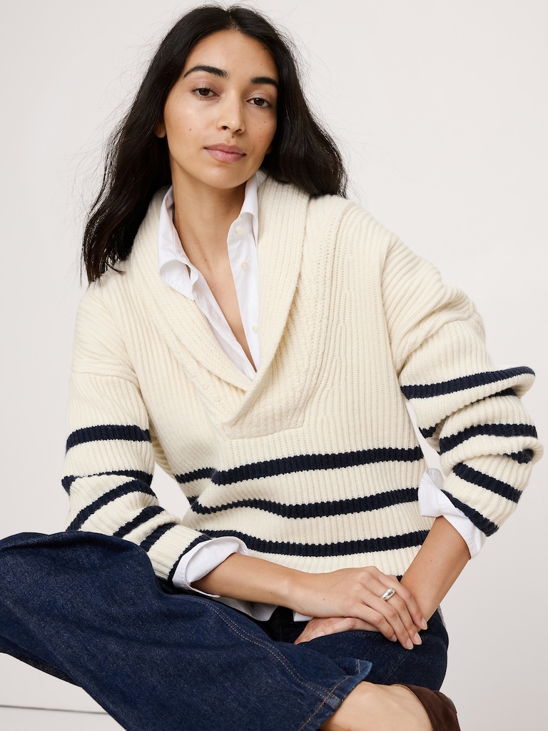 Merino-Cotton Shawl-Collar Sweater
