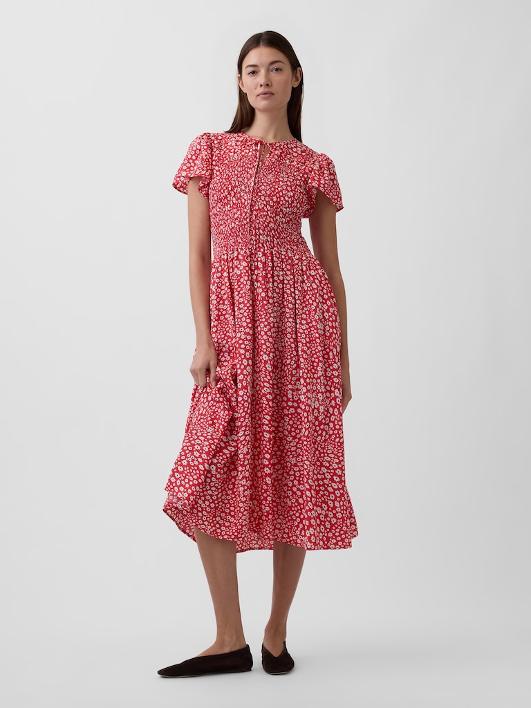 Smocked Flutter Sleeve Midi Dress