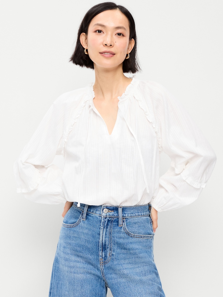 Long-Sleeve Ruffled Popover Top