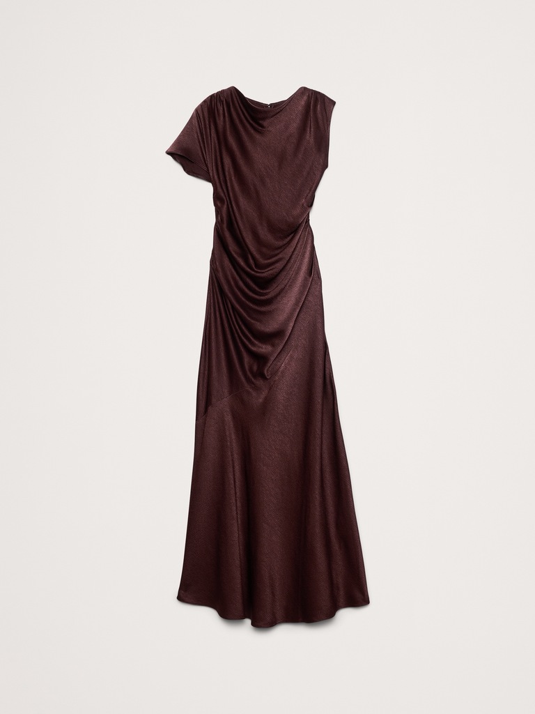 Asymmetrical Hammered Satin Draped Maxi Dress