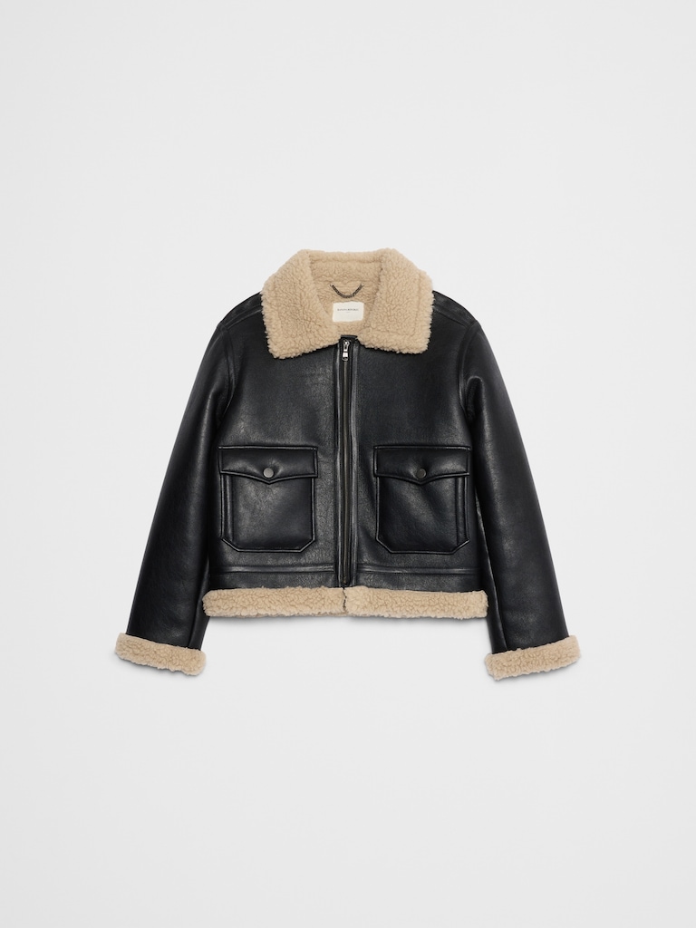 Faux Shearling Vegan Leather Bomber Jacket