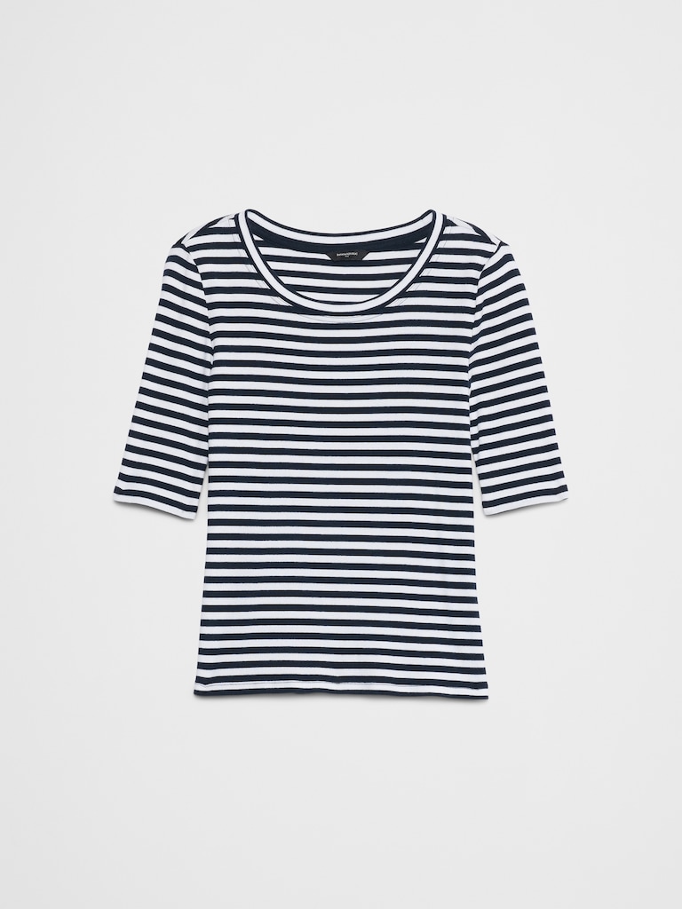 Ribbed Elbow-Sleeve T-Shirt