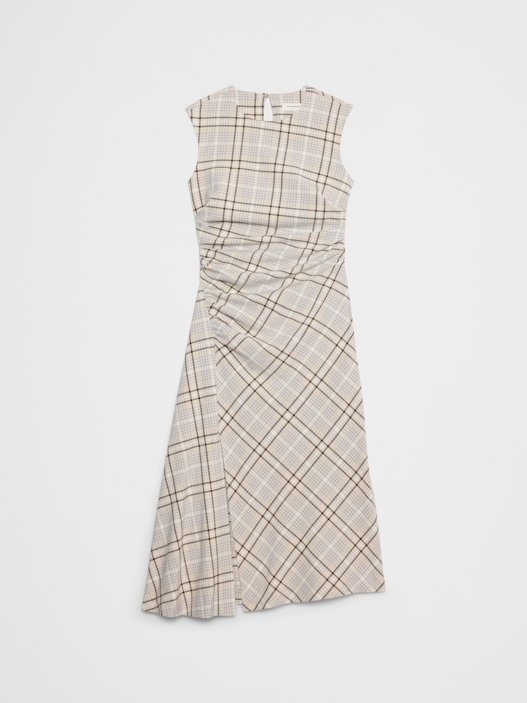 High-Neck Shirred Midi Dress