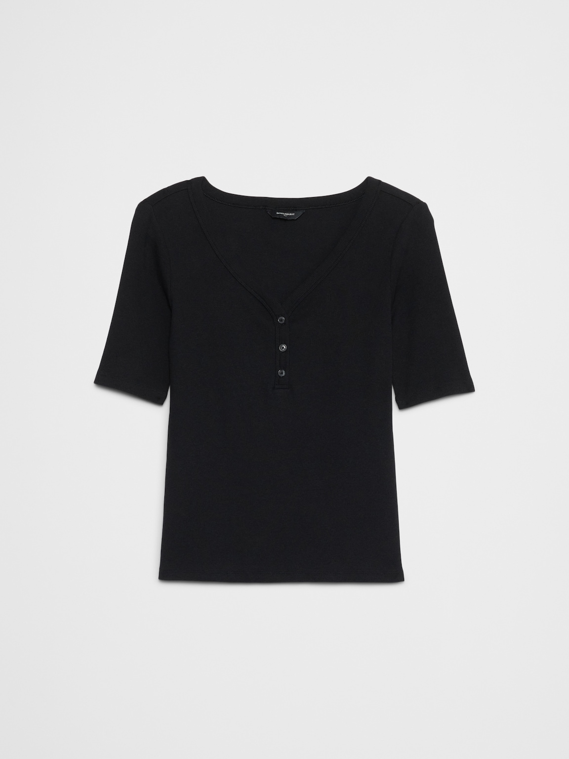 Ribbed Elbow-Sleeve Henley T-Shirt