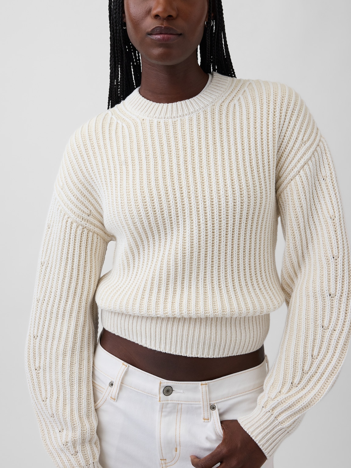 100% Cotton Barrel-Sleeve Crop Sweater