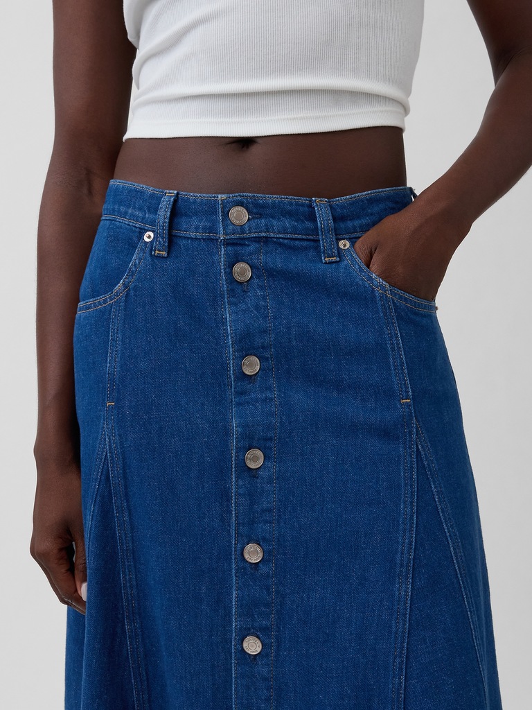 Seamed Denim Button-Front Maxi Skirt