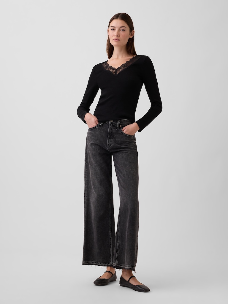 Ribbed Lace-Trim Top