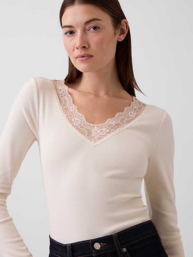 Ribbed Lace-Trim Top