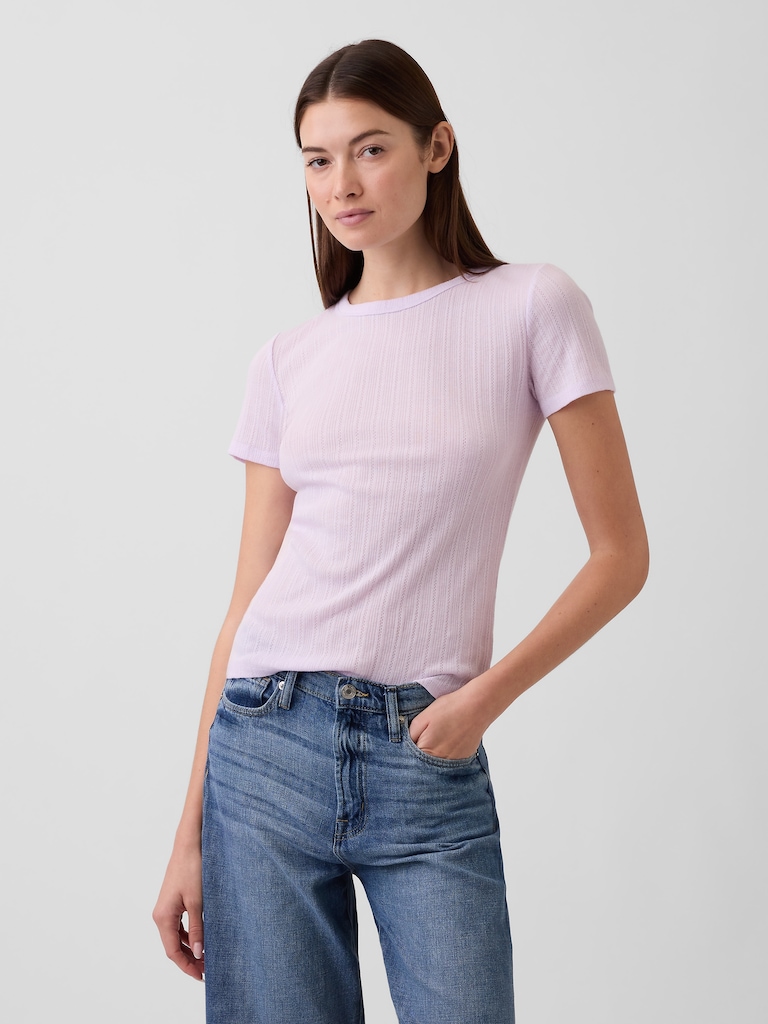 Ribbed Pointelle Crewneck T-Shirt