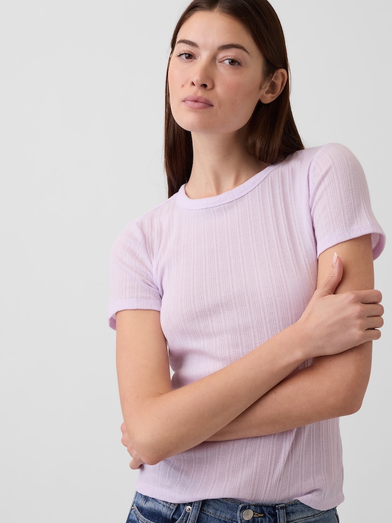 Ribbed Pointelle Crewneck T-Shirt