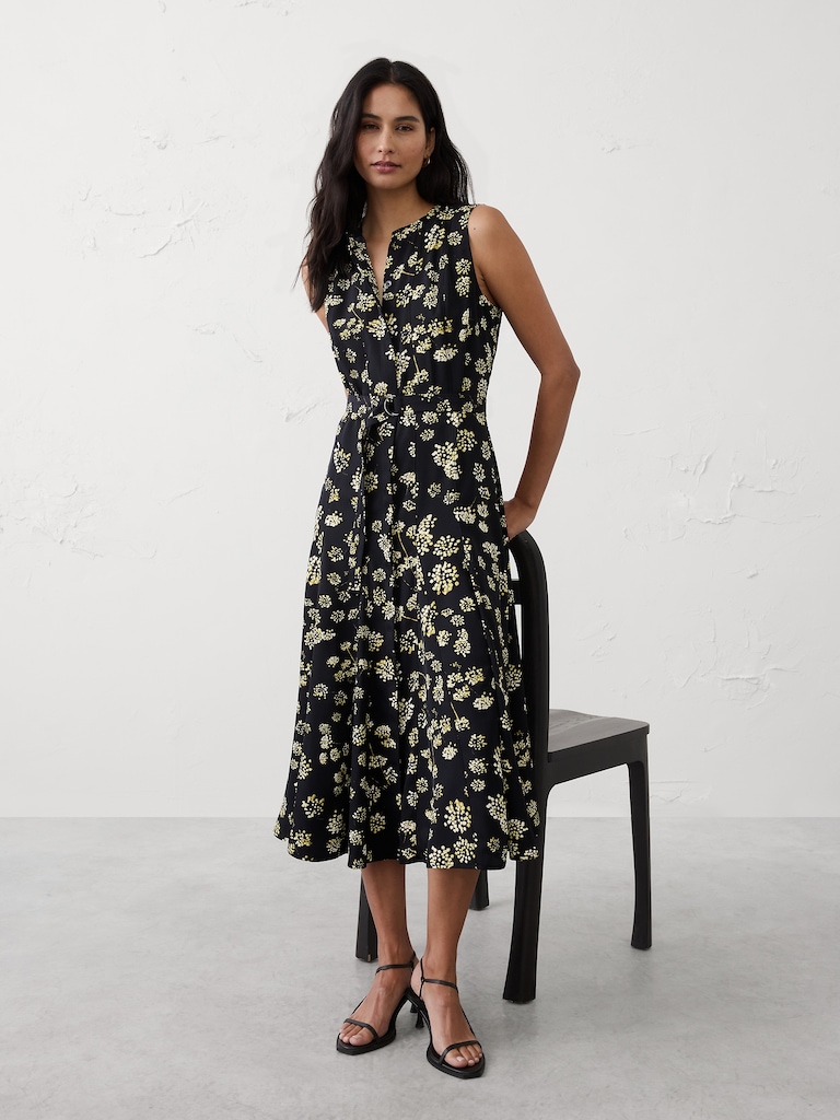 Sheen Twill Godet Midi Dress