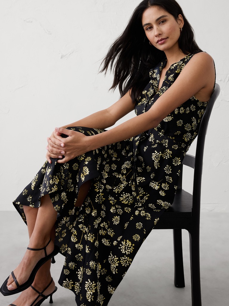 Sheen Twill Godet Midi Dress