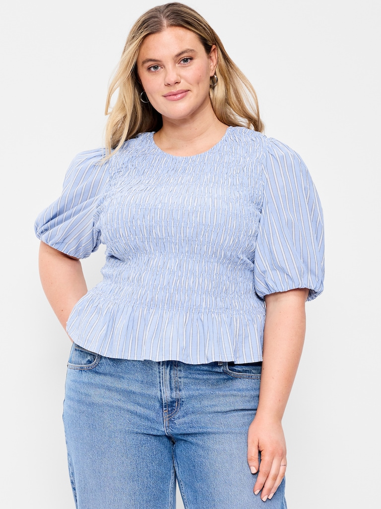 Puff Sleeve Peplum Smocked Top