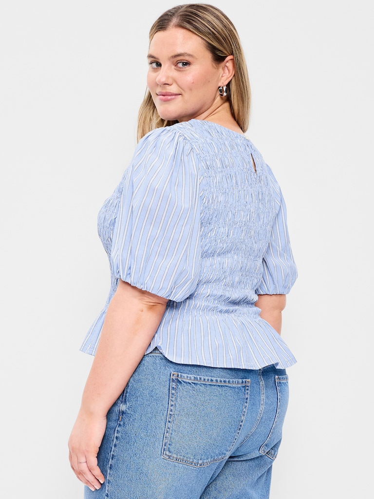 Puff Sleeve Peplum Smocked Top