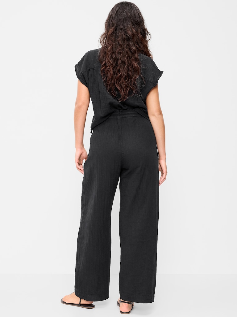 High-Waisted Crinkle Gauze Barrel Ankle Pants