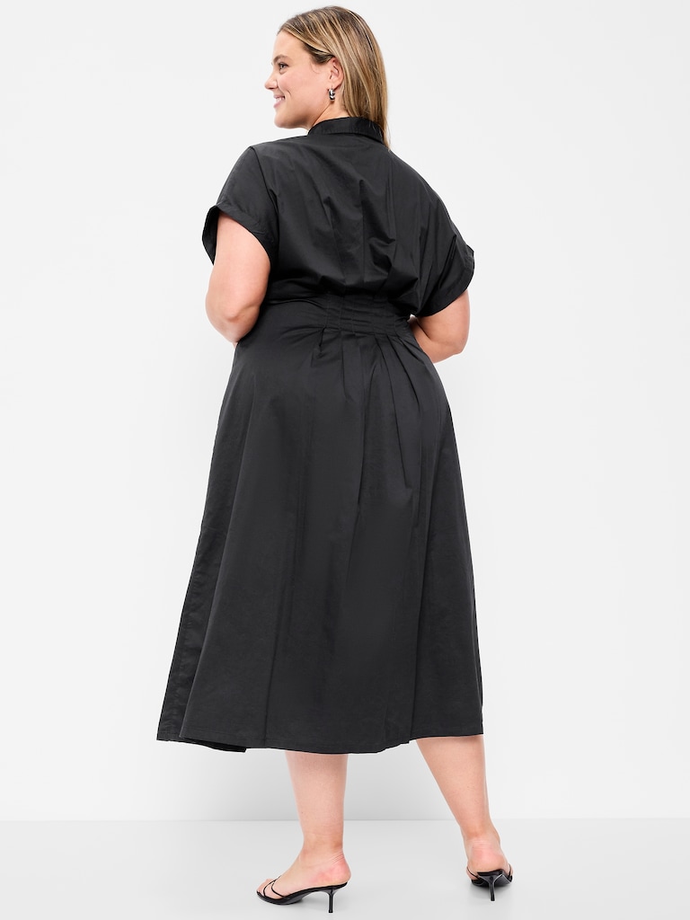 Pintuck-Waist Midi Shirt Dress