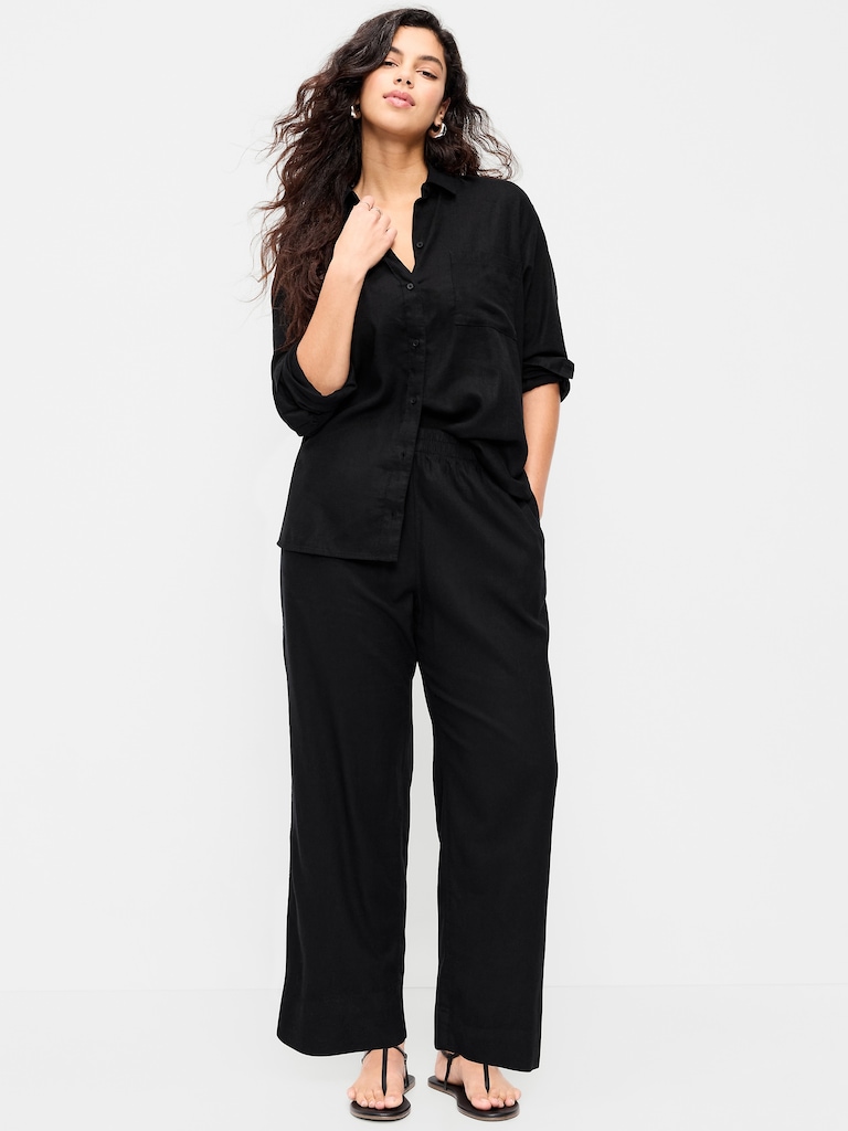 High-Waisted Linen-Blend Straight Ankle Pants