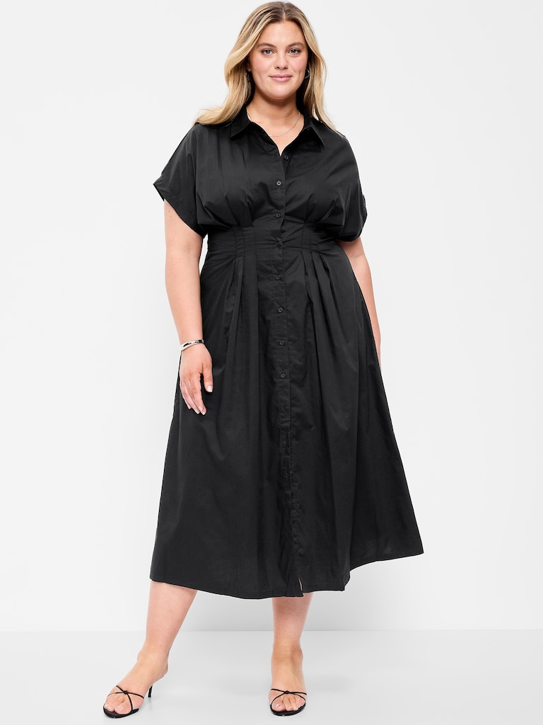 Pintuck-Waist Midi Shirt Dress