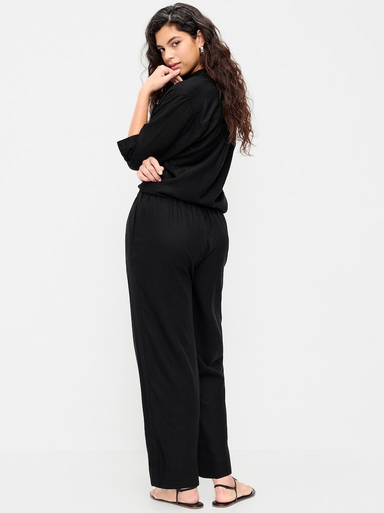 High-Waisted Linen-Blend Straight Ankle Pants