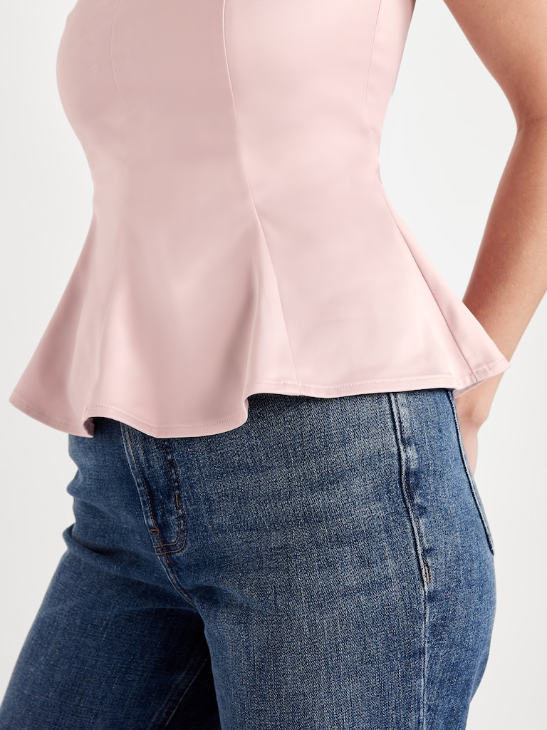 Square-Neck Satin Peplum Top