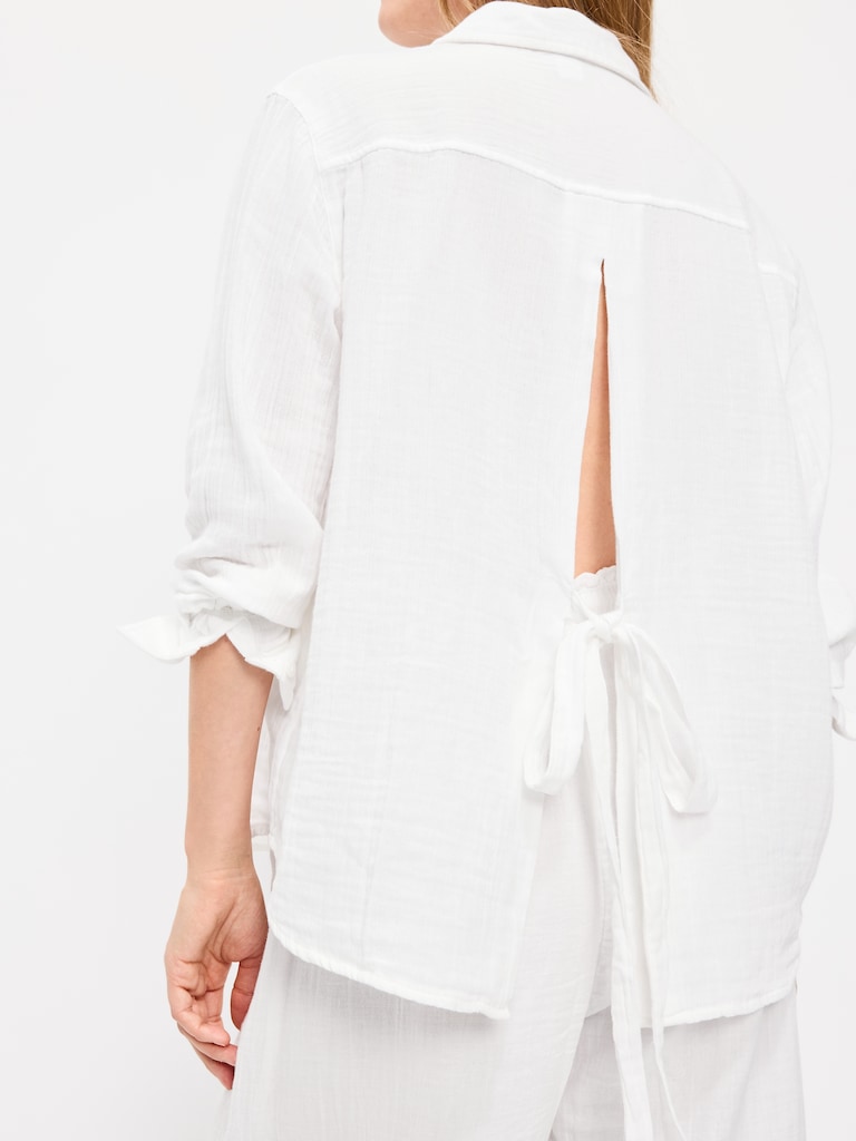 Open-Back Crinkle Gauze Button-Down Shirt