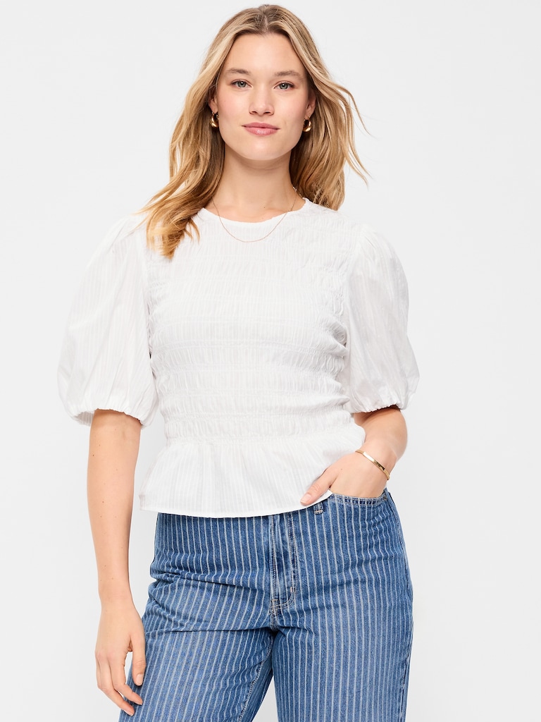 Smocked Puff Sleeve Peplum Top